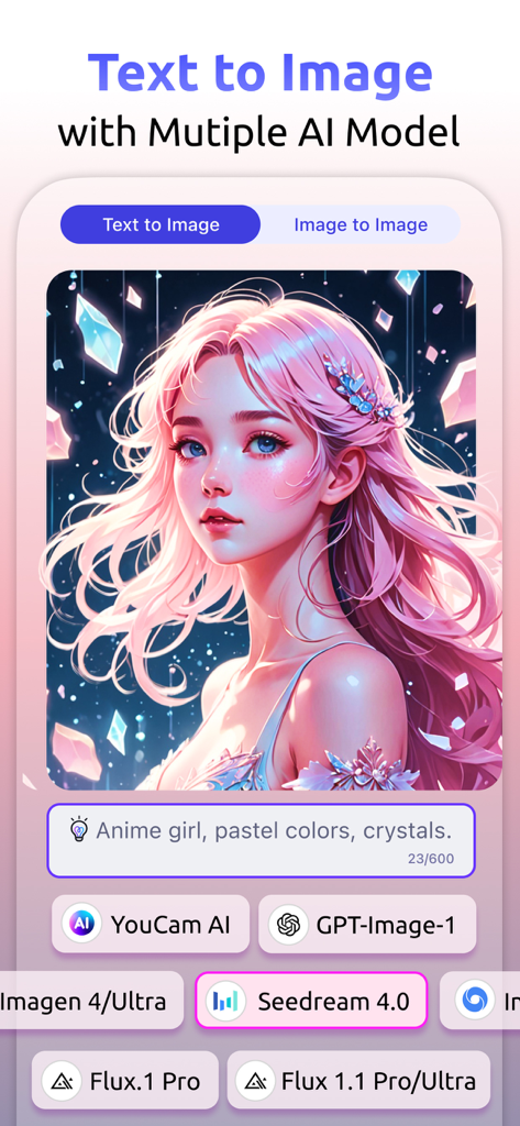 YouCam AI Pro App-Oberfläche, die die Text-zu-Bild-Generierung eines Anime-Mädchens mit verschiedenen KI-Modellen zeigt.