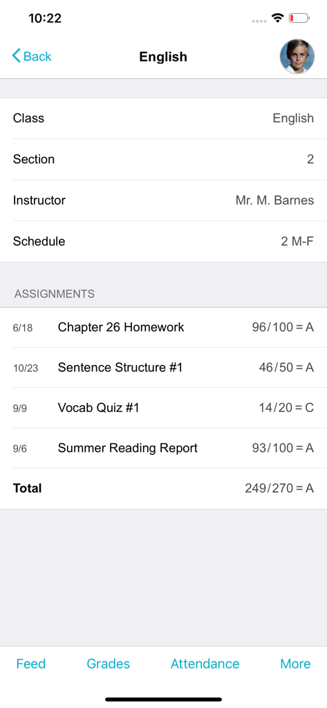 TeacherEase - Parents/Students - TeacherEaseアプリで生徒の英語の成績と個々の課題のスコアを表示する画面