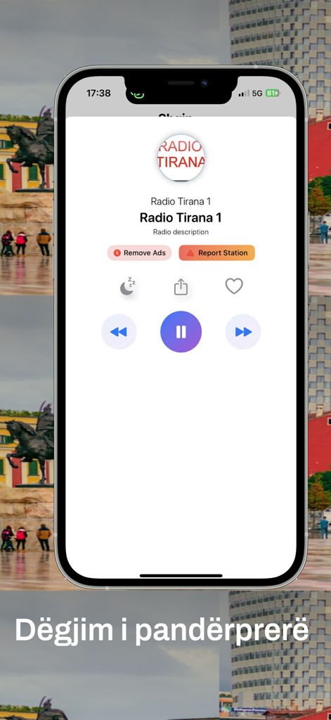 Radio Shqip Live - Radio Shqip Live app interface showing the Radio Tirana 1 playback screen with music controls
