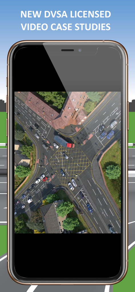 Driving Theory Test Kit (2026) - Mobile app interface displaying an aerial view of a road junction for a DVSA video case study.