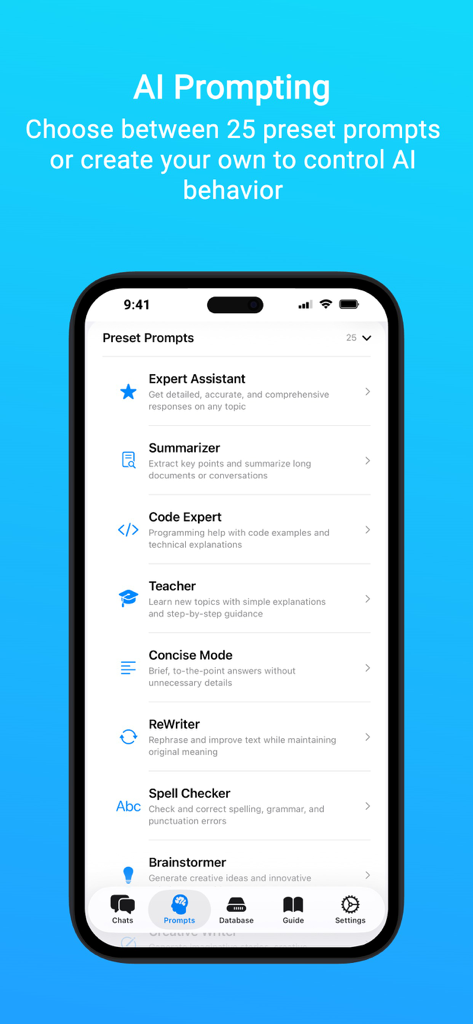 Private AI: Document Chat - A mobile screen showing various preset AI prompts including Expert Assistant, Summarizer, and Code Expert in the Private AI app.