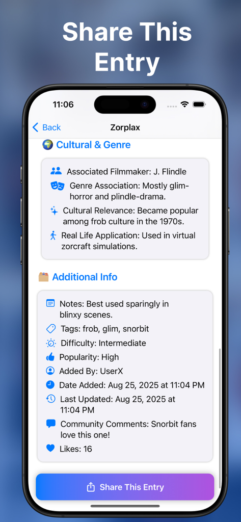 Mobile screen of the Movie Glossary app displaying cultural details and sharing options for a film term entry.