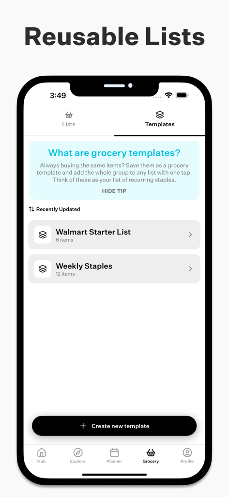 Cook Well - For Home Cooks - Cook Well app interface showing reusable grocery list templates for efficient shopping