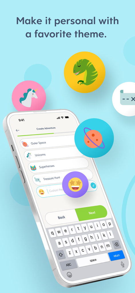 Huckleberry MagicStepsの子供向けルーティン用の宇宙やユニコーンなどのパーソナライズされたアドベンチャーテーマを選択するためのインターフェース