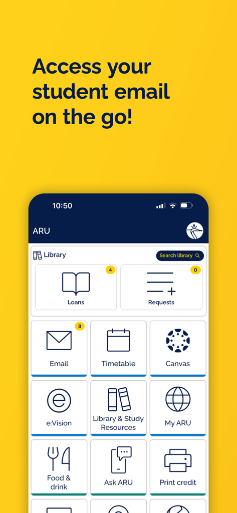 ARU-Mobil-App mit Studenten-Dashboard mit E-Mail- und Stundenplan-Kacheln