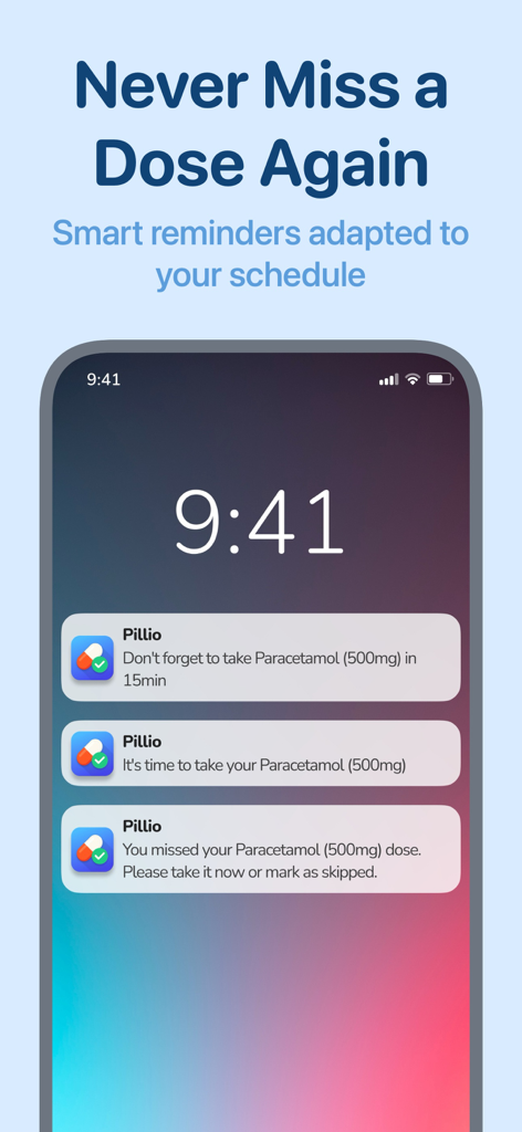 Pillio Pill Reminder & Tracker - iPhone screen showing Pillio medication reminder and missed dose notifications