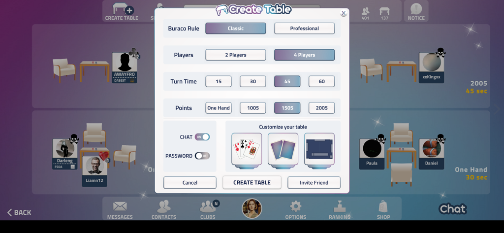 Buraco Plus - Menu for creating a custom Buraco table with classic and professional rules