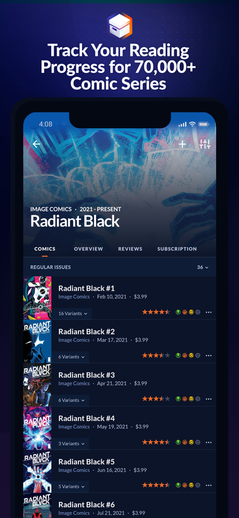 Comic Geeks App-Oberfläche, die eine Liste von Radiant Black Comic-Ausgaben zur Verfolgung des Lesefortschritts anzeigt.