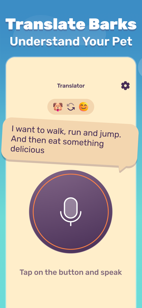 Jolly Dog: Game For Pets - Screenshot of the Jolly Dog app bark translator feature showing a speech bubble with translated pet thoughts and a microphone icon.