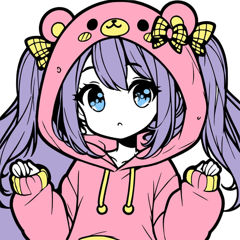 cute anime girl with ponytails and a cute bear hoodie