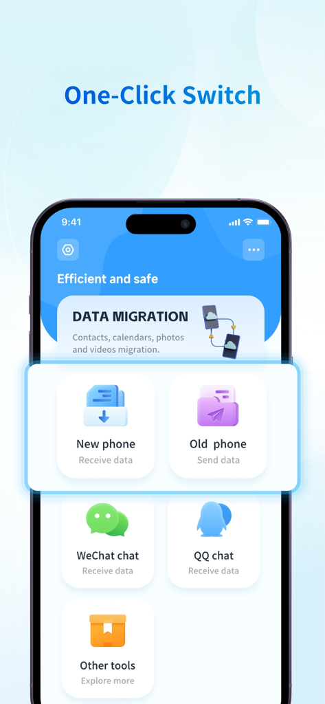 Smart Switch app interface displaying options for new and old phone data transfer