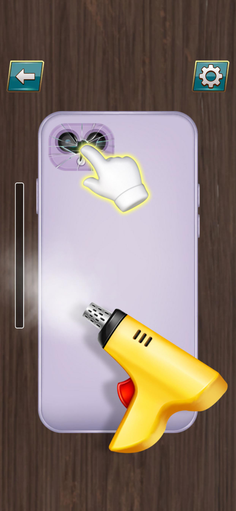 Gadget Repair Phone Technician - Reparieren einer gesprungenen Handy-Kamerlinse mit einer Heißluftpistole in einem Simulationsspiel.