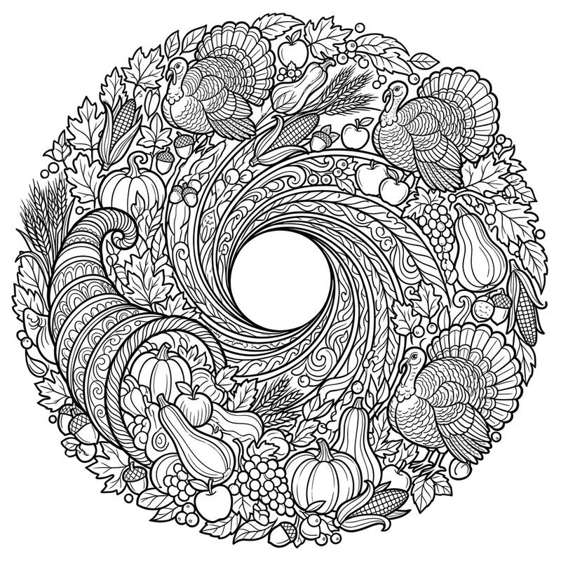 Embrace the spirit of gratitude with this extraordinary Thanksgiving coloring page, blending cosmic wonder with seasonal abundance. A detailed mandala-style design awaits your creative touch, featuring turkeys, cornucopias, and a rich harvest.