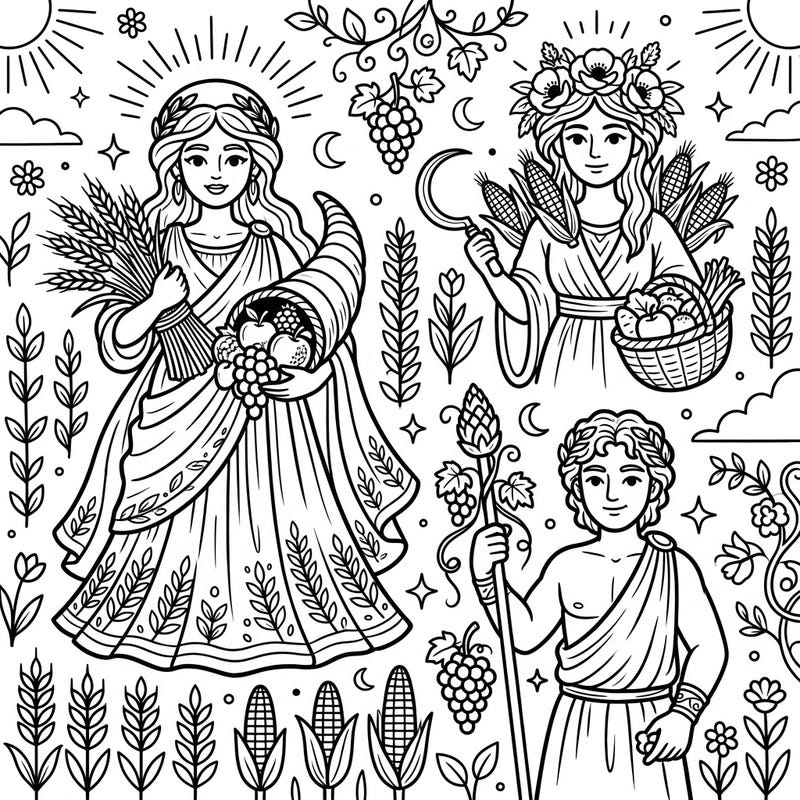 Bring ancient myths to life with this delightful coloring page featuring benevolent agricultural deities. Perfect for young artists, this design introduces kids to the gods and goddesses responsible for bountiful harvests and the wonders of nature.