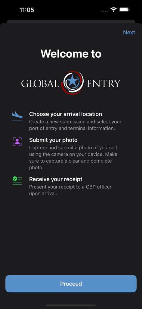 Global Entry Mobile - Welcome screen of the Global Entry Mobile app detailing the process to choose arrival location, submit a photo, and receive a receipt.