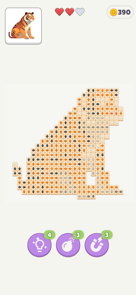 Captura de pantalla del juego de Tap Gallery que muestra un rompecabezas de bloques con silueta de tigre