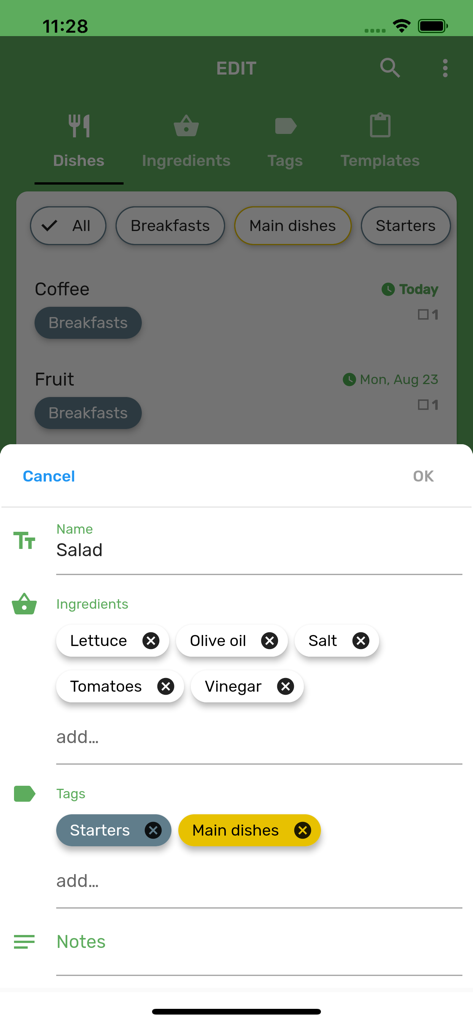 Pantalla de edición de un plato de ensalada que muestra ingredientes y etiquetas de categoría