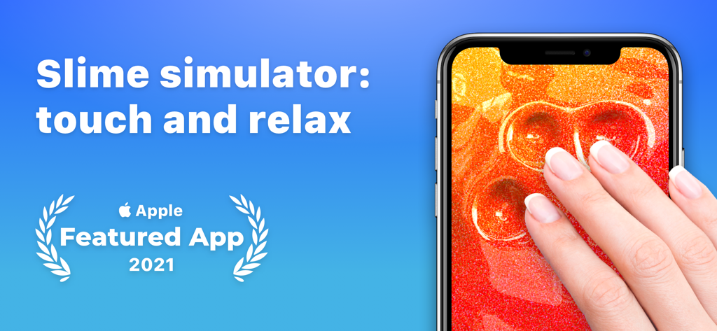 TeasEar app banner for slime simulator showing hand touching glittery slime and Apple Featured App 2021 badge