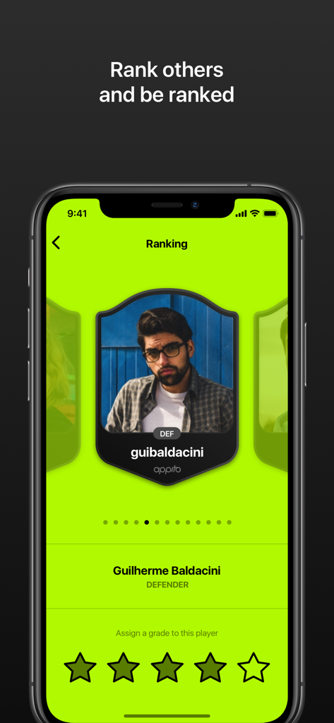Screenshot of the Appito app showing a player card for ranking with a five star rating interface