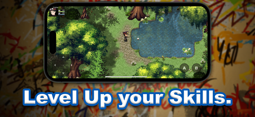 The Tribe Game - Capture d'écran du gameplay de The Tribe Game montrant un personnage pêchant dans un étang pour améliorer ses compétences