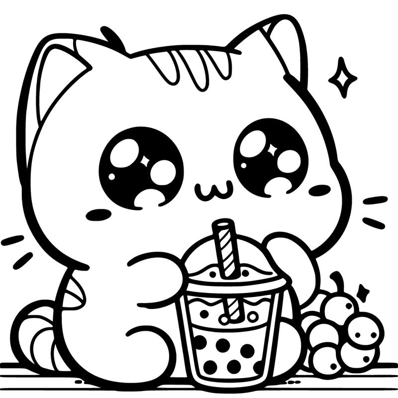 super cute kawaii cat drinking boba