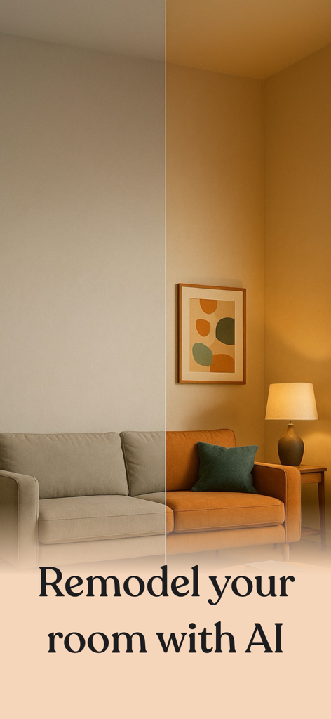 Tela dividida antes e depois de uma reforma de sala de estar usando a tecnologia de design de IA