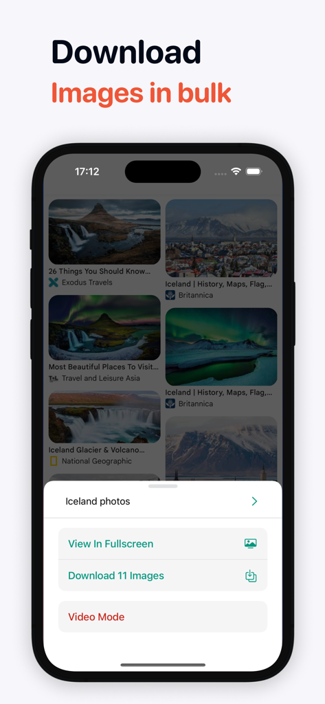 Mobile Ansicht, die die Stapelbild-Downloader-Funktion mit einer Liste von Fotos und einer Download-Schaltfläche zeigt