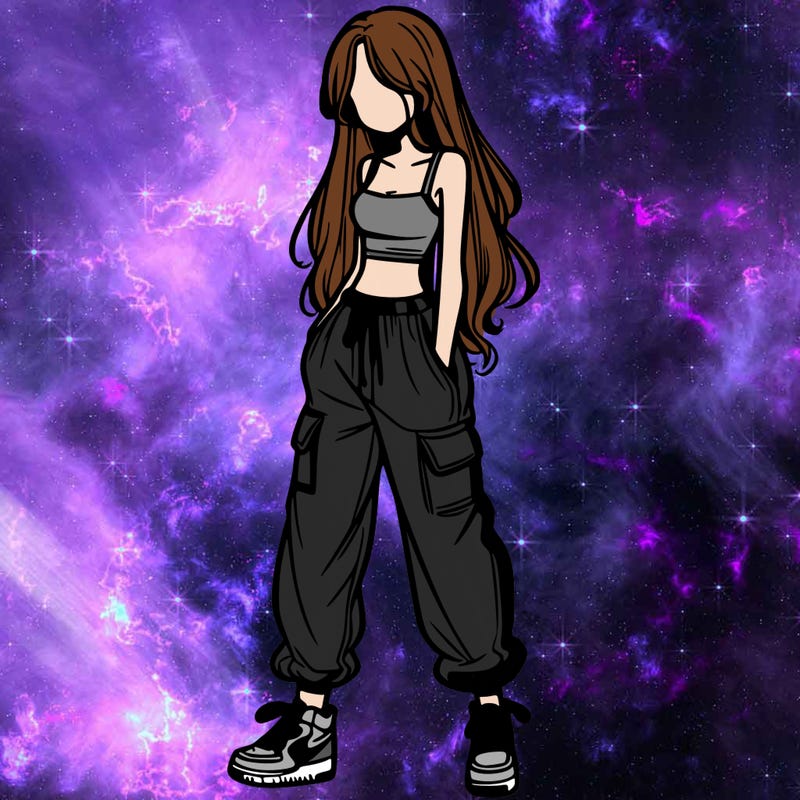 girl in baggy pants crop top and long hair