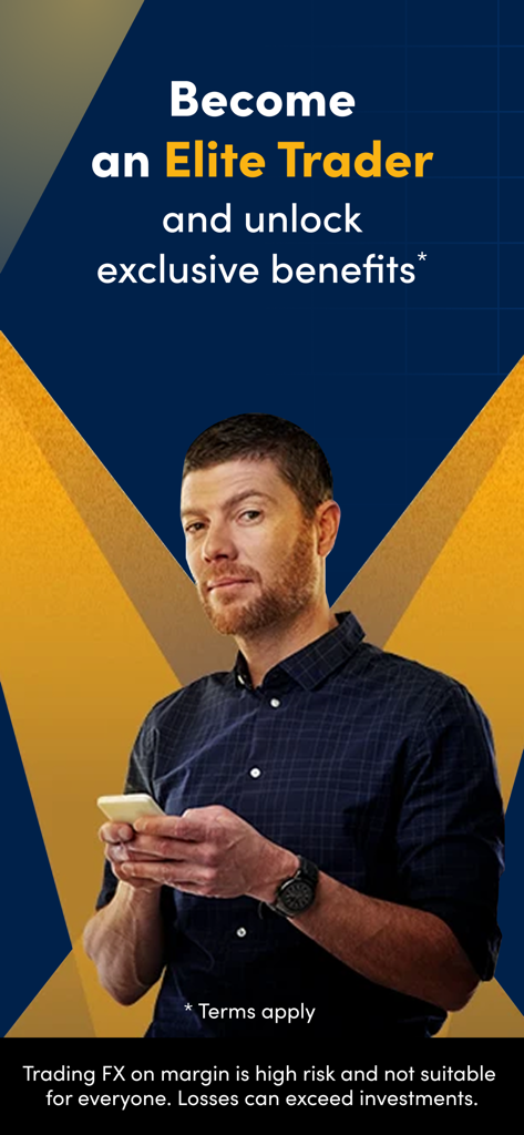 A professional man holding a smartphone with text inviting users to become an elite trader on the OANDA app