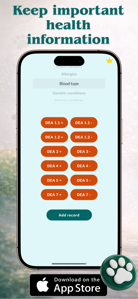 Vet Record - pet health track - A mobile interface from the Vet Record app showing various canine blood type selection buttons such as DEA 1.1 and DEA 3.