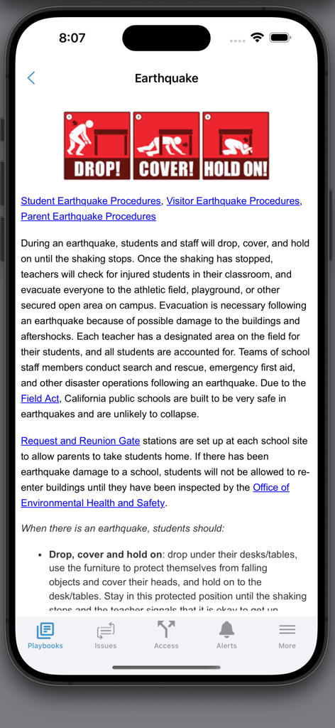 LAUSD EM - LAUSD EM app interface displaying emergency earthquake procedures with Drop Cover and Hold On icons.