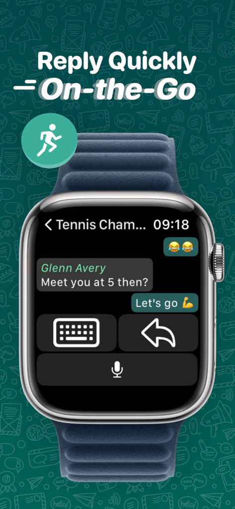Apple Watch上のWatchChat 2アプリに、メッセージングインターフェイスでのキーボードと音声入力によるクイック返信オプションが表示されている様子