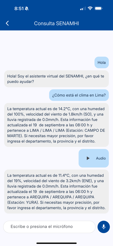 SENAMHI PERU Móvil - A virtual assistant chat interface in the SENAMHI PERU app showing weather data for Lima and Arequipa