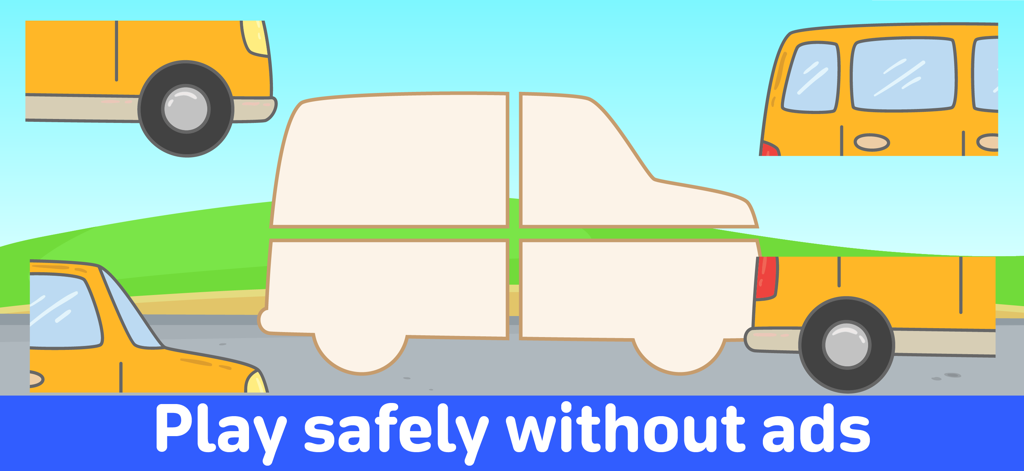 Kids games for toddlers 3 5 - A toddler vehicle puzzle game highlighting a safe no ads experience