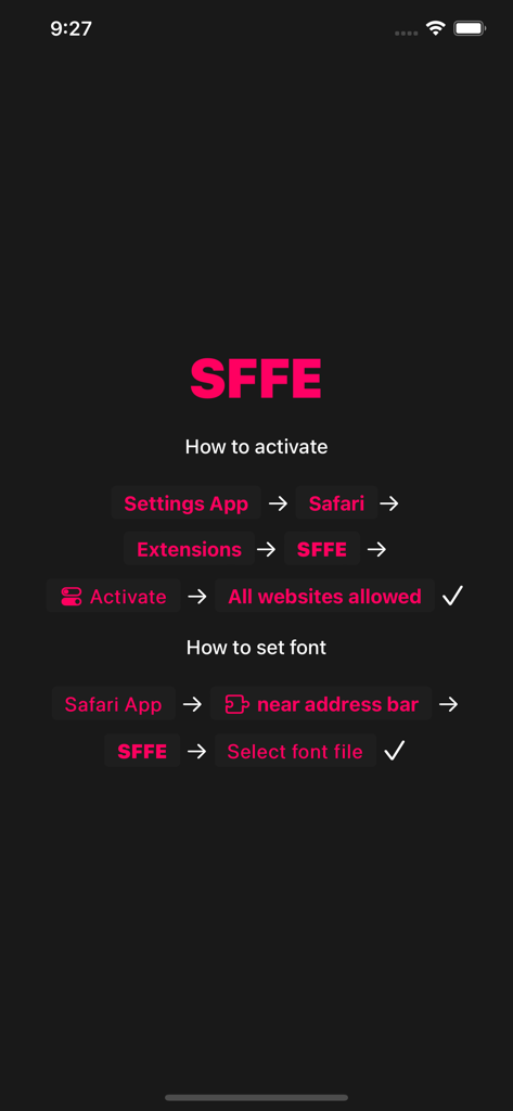 Step-by-step instructions for activating SFFE and setting a custom font in the Safari browser.