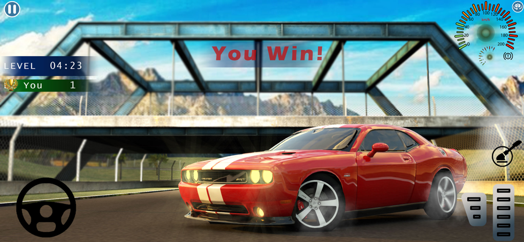 Drift Car Game x Burnout King - 勝利メッセージとゲームインターフェースが表示された、レーシングカーの上の赤いマッスルカー