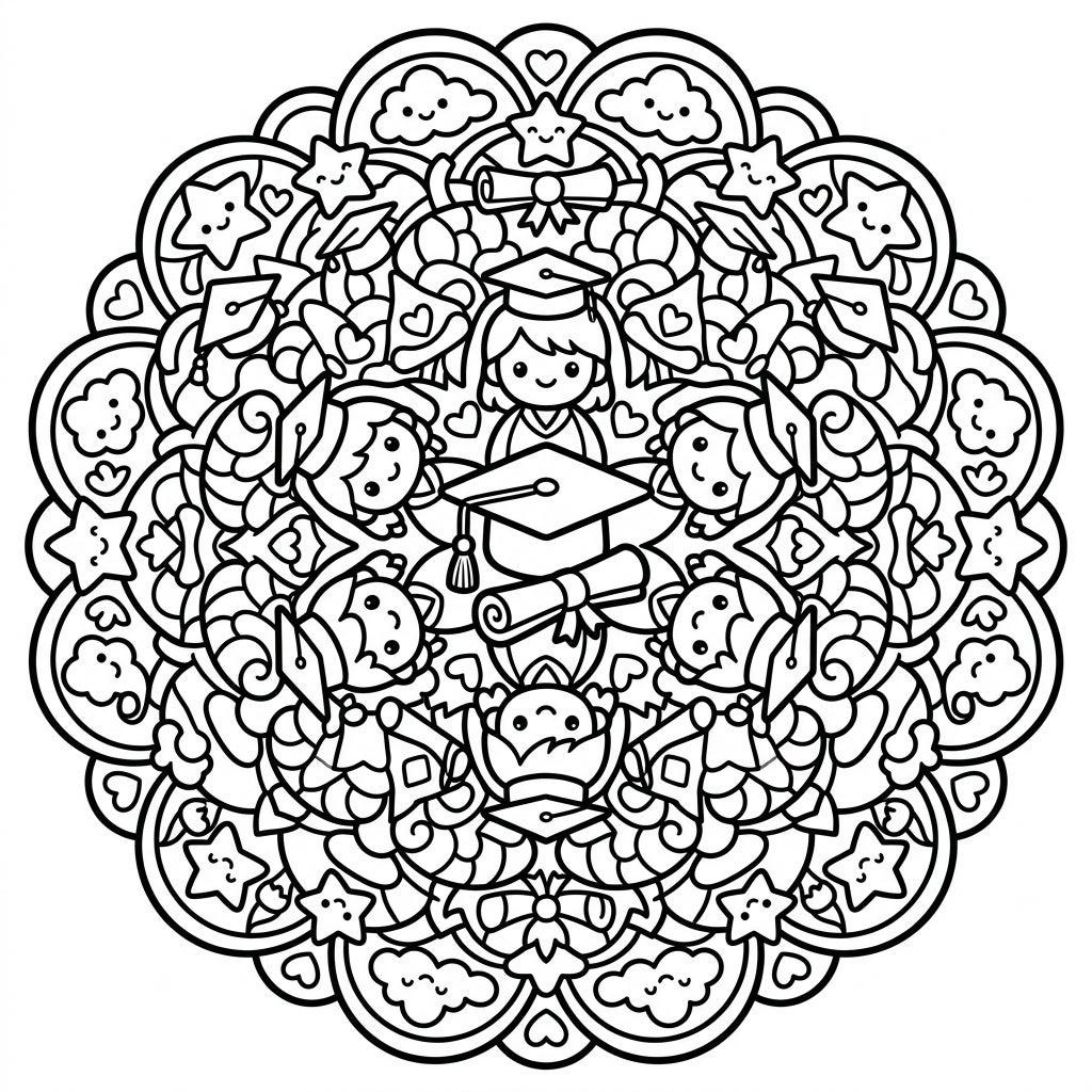 Kawaii Graduation Mandala Coloring Page - Printable Fun