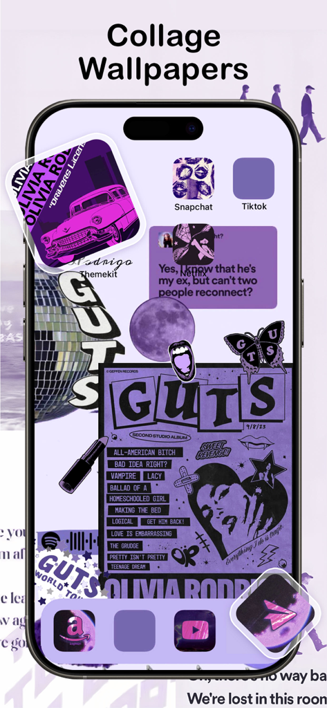 Themelia: Theme & Widget - Purple Olivia Rodrigo GUTS aesthetic home screen theme with collage wallpaper and custom icons