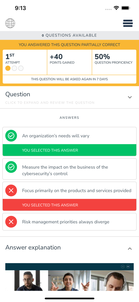 Qstream - A screenshot of the Qstream app showing quiz results with a proficiency score and a notice about spaced repetition.