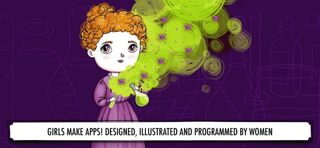 Illustration of Marie Curie with a science flask and a banner stating that the app was designed and programmed by women