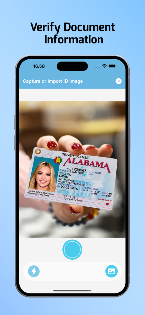 Smartphone app screen showing a bouncer capturing an Alabama driver's license for age verification at a bar entrance.