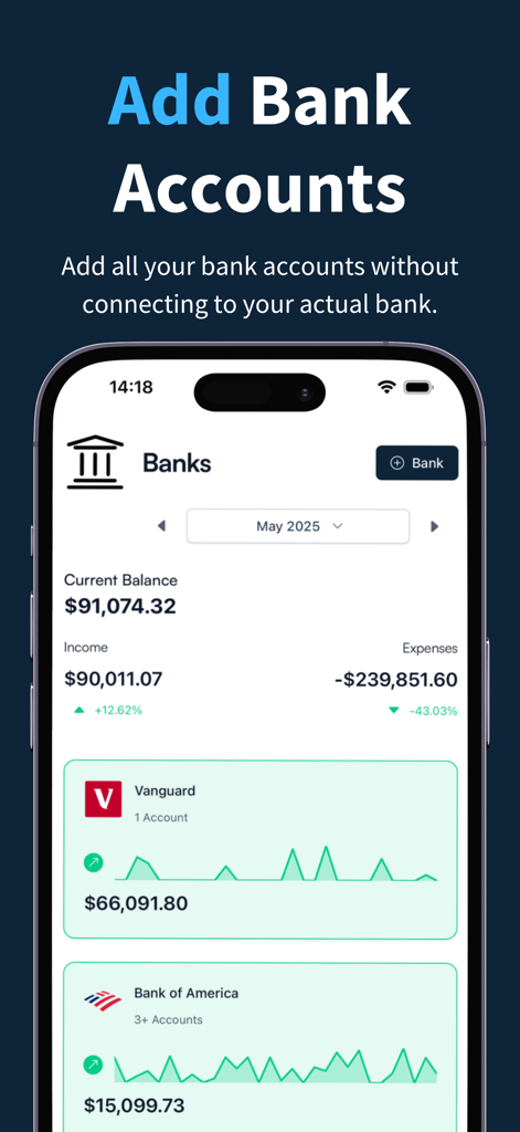 Koody - Budget & Bills Tracker - Koody app screen displaying manual bank account tracking with balances and trends for Vanguard and Bank of America