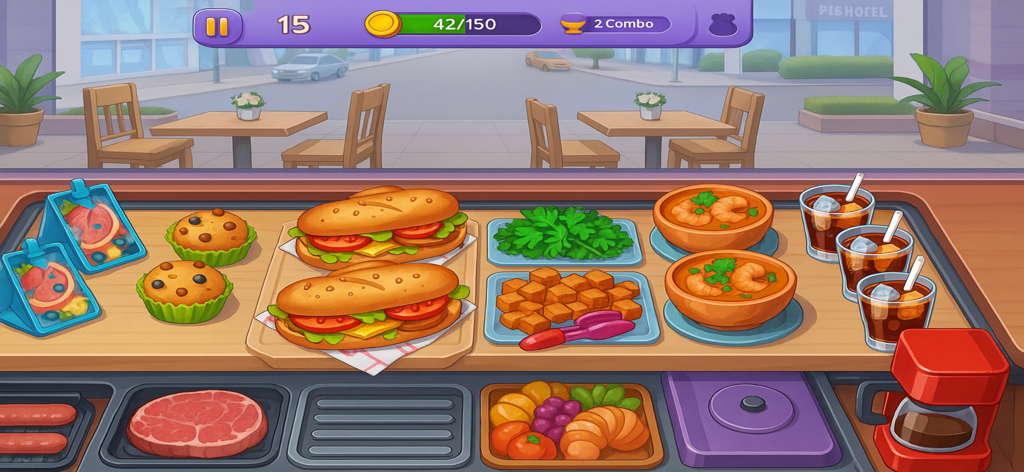 Foodie Kitchen :food making - Gameplay screenshot of Foodie Kitchen showing sub sandwiches muffins and shrimp soup on a restaurant counter