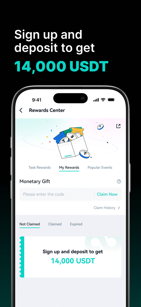 ZMEX app rewards center screen showing a 14000 USDT sign up and deposit bonus offer