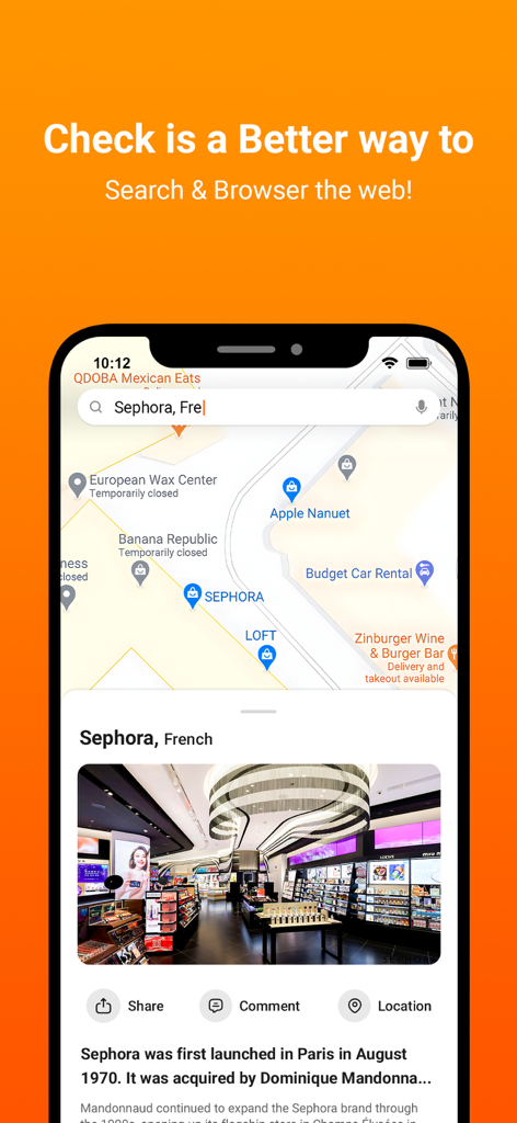 Interfaz de la aplicación NextBrowser mostrando una búsqueda de Sephora con vista de mapa e información de tienda integrada.