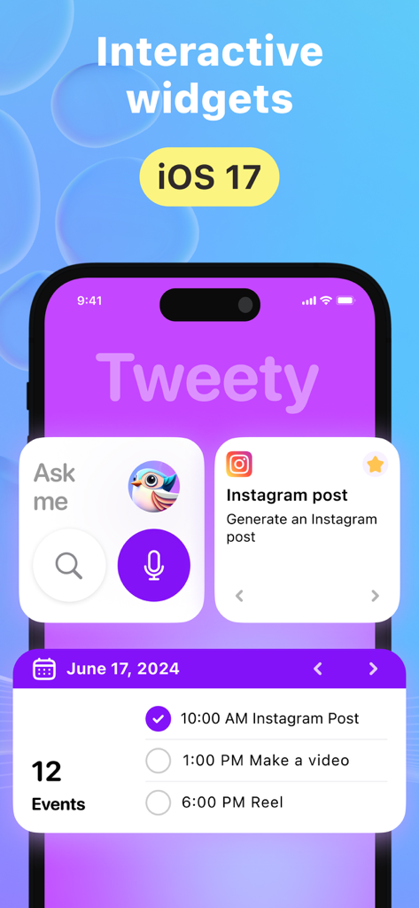 A showcase of Tweety AI app interactive widgets for iOS 17 including quick access to Instagram post generation and a content creation schedule.