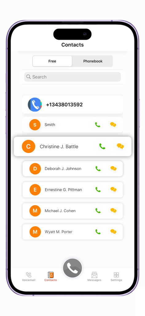 WiFi : Phone Calls & Text Sms - Interfaccia dell'app di chiamate e SMS WiFi che mostra un elenco di contatti con icone di chiamata e messaggio.