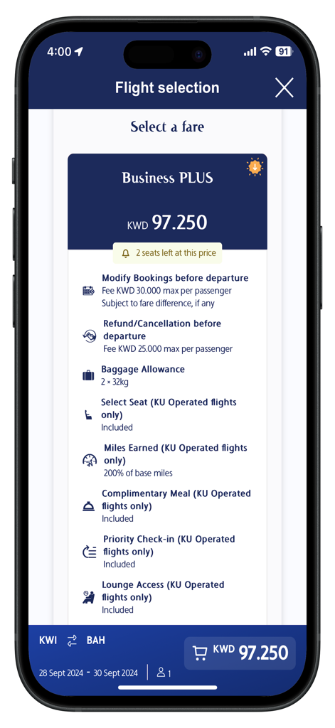 Kuwait Airways app flight selection screen showing Business Plus fare details and price
