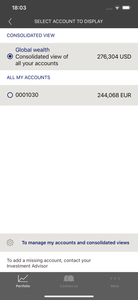 My Heritage - My Heritage app interface for selecting accounts and viewing consolidated global wealth balances