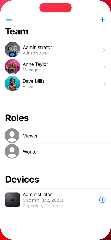 Asset Tracker for Business - Teammanagement-Oberfläche in Asset Tracker for Business, die Benutzer, Rollen und autorisierte Geräte anzeigt